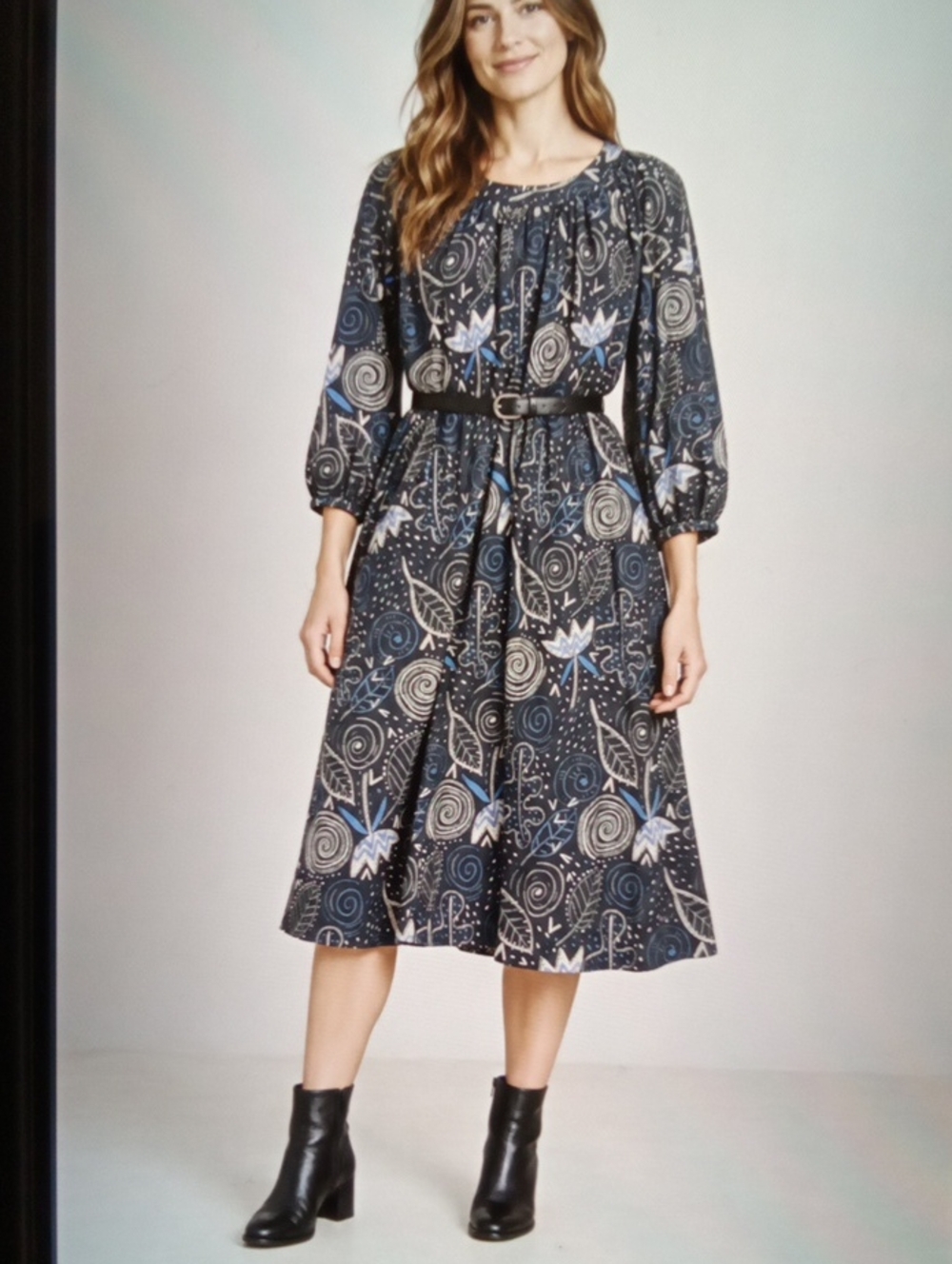 Gudren Sjoden Organ8c Cotton Dress Botan8cal Spiral Print Artsty Womens M